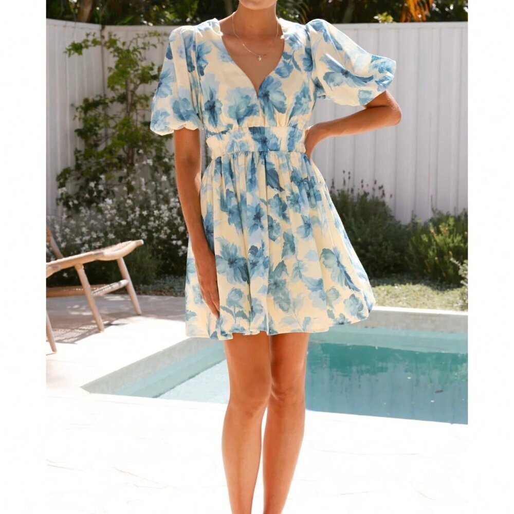 Blue Elegant Women's Floral V-Neck Gathered Waist Petal Sleeve A-Line Mini Dress - Picture 7 of 9